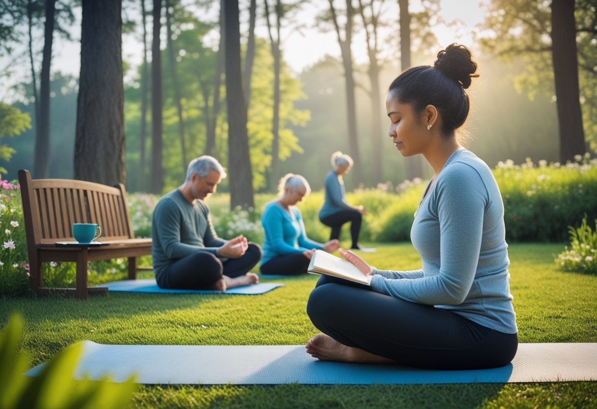 People practicing mindfulness outdoors in a peaceful morning setting with yoga, journaling, and stretching among trees and flowers.