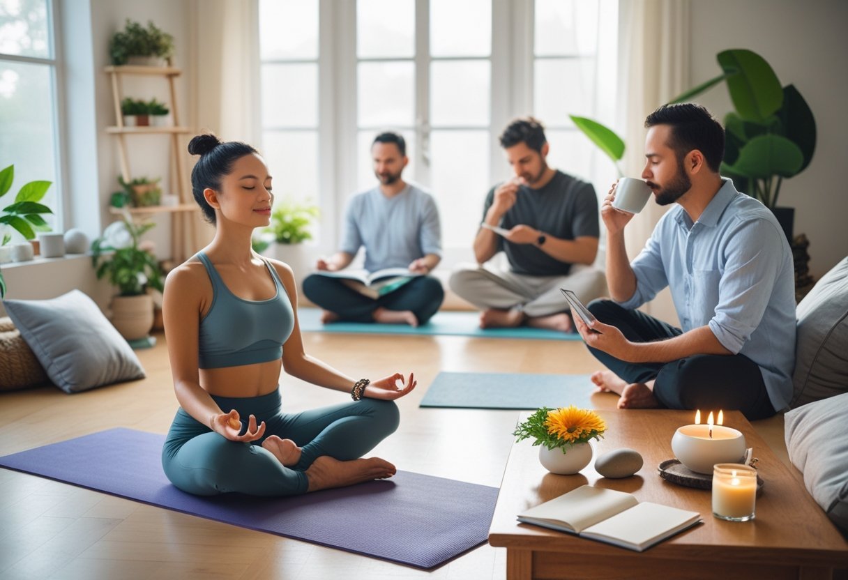 People practicing mindfulness in a bright room with yoga, journaling, and tea, surrounded by calming objects.