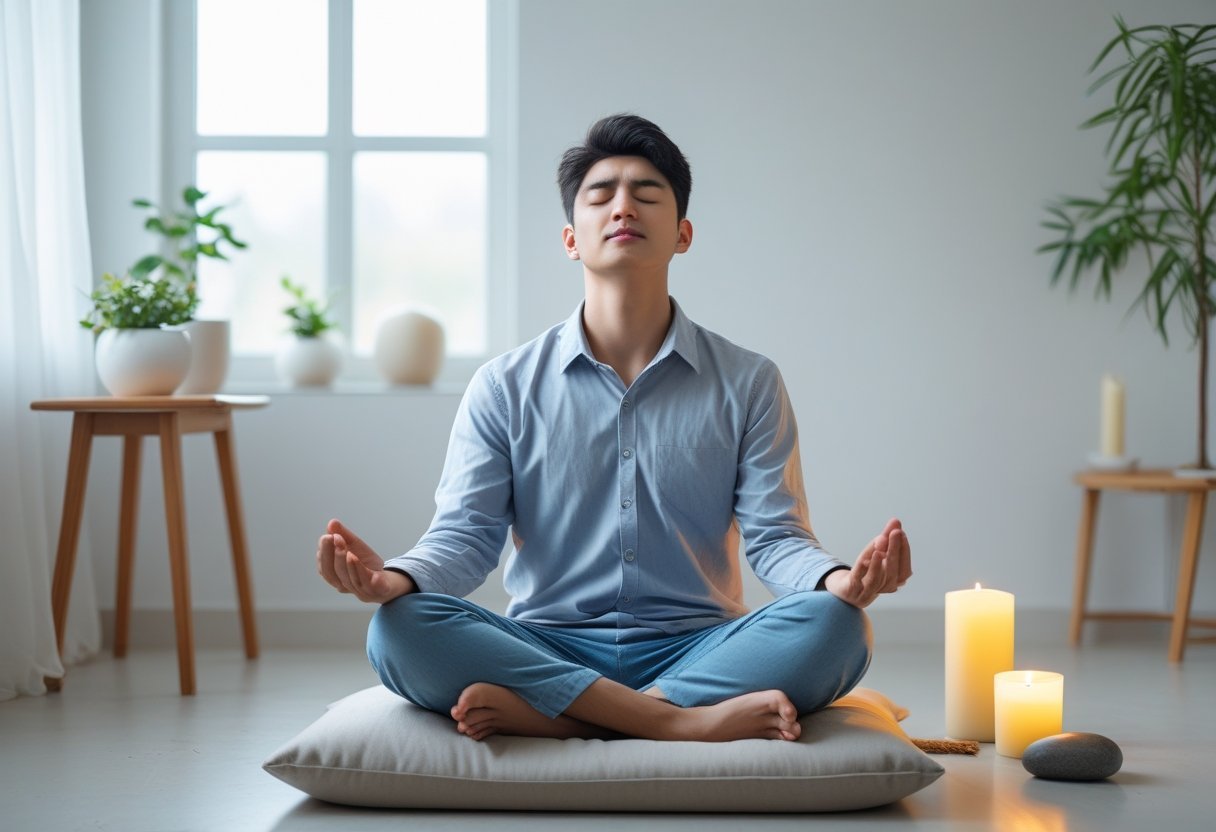 A person sitting cross-legged with eyes closed, practicing deep breathing in a calm room with a plant, candle, and stone nearby.