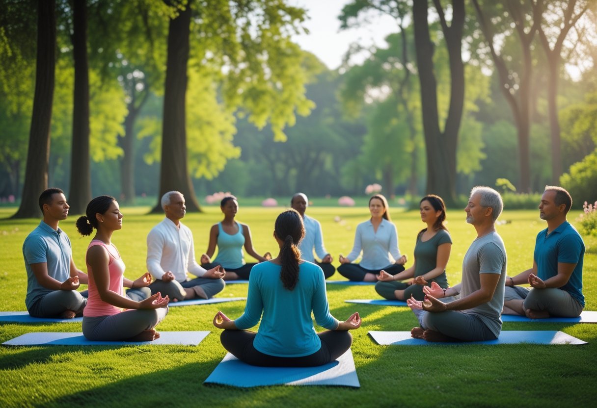 A diverse group of people sitting on yoga mats in a park meditating peacefully in the morning.
