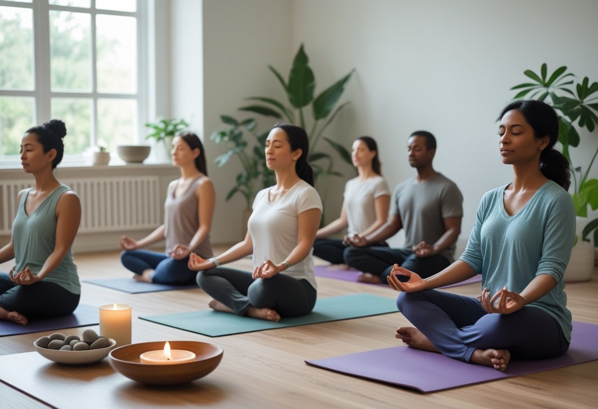 A group of people sitting peacefully on mats in a bright room, practicing mindfulness meditation together.
